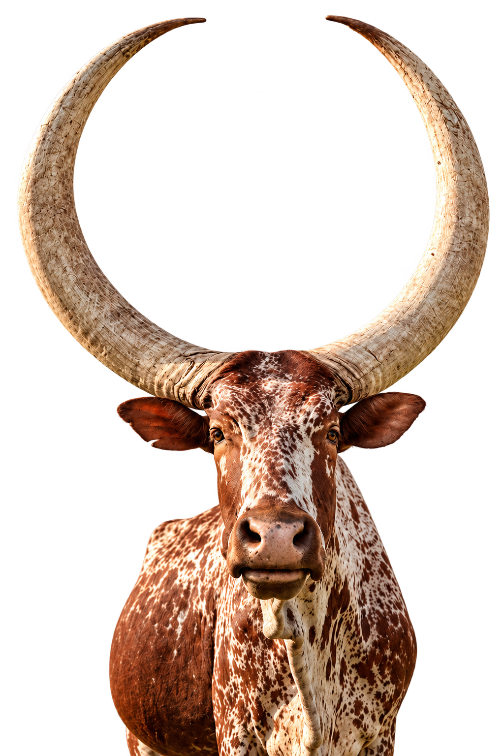 Speckled cow with sweeping ivory horns